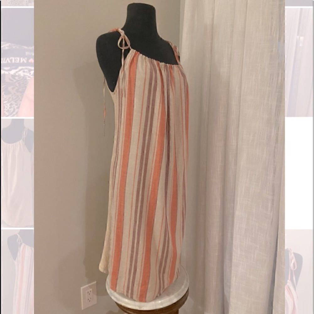 Zara Linen Blend Vertical Striped Front A-Line Tent Dress with Solid Back